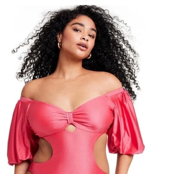 FE NOEL Pink Puff Sleeve One Piece Bathing Swimsuit Size 3X NEW NWOT - Picture 4 of 5